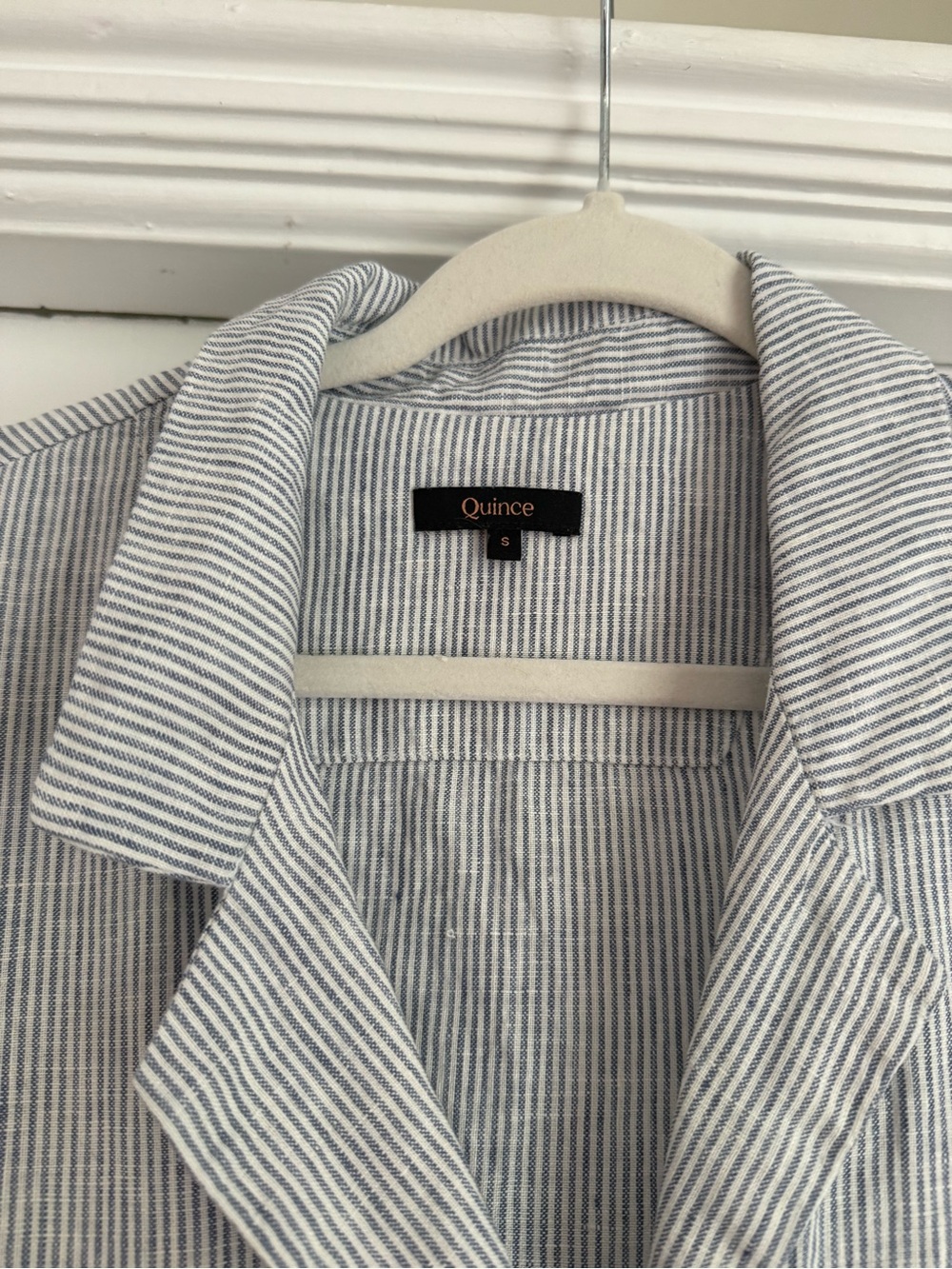 Quince - 100% European Linen Button Front Dress in Blue Pinstripe - Picture 6 of 7